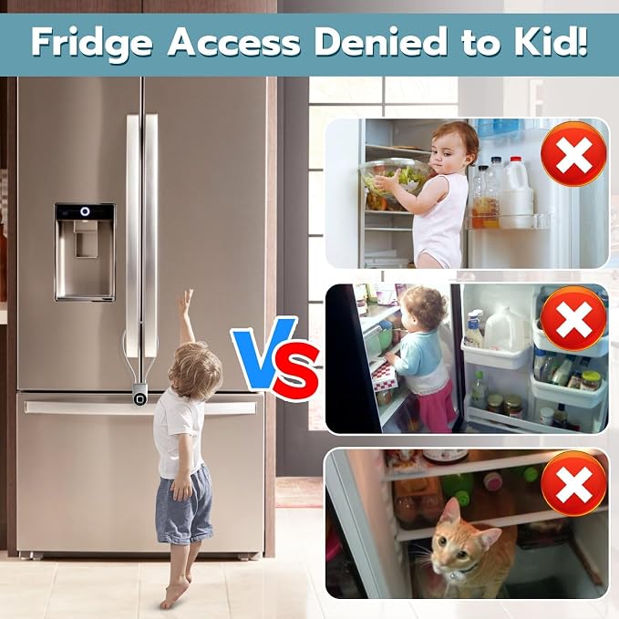 Fingerprint Cable Lock, Fridge Lock Child Proof Cabinet Locks with Bluetooth APP Control, Waterproof Refrigerator Lock French Door, Gate, Kitchen, Freezer, Cabinets and Drawers-Sliver
