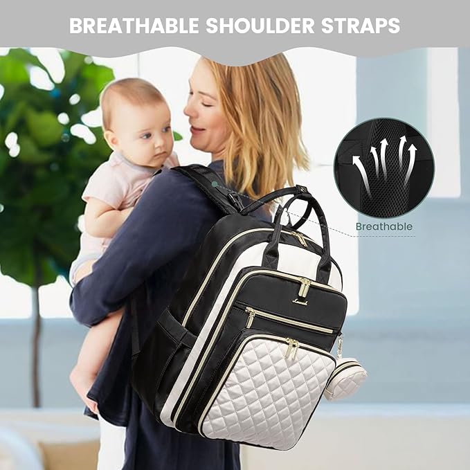 LOVEVOOK Baby Diaper Bag,Waterproof Diaper Backpack with USB Charging Port for Baby, Large Capacity Fit for 15.6 inch Laptop, Black White