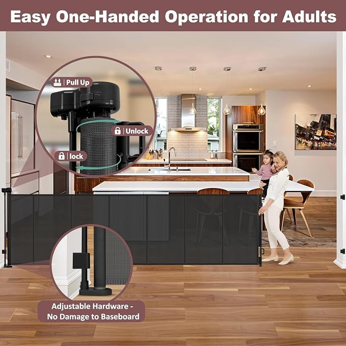 Reinforced 41" Extra Tall Pet Gate, 200" Retractable Baby Gates Extra Wide Retractable Dog Gate with Support Rods, Indoor Extra Long Baby Gate Retractable Fence Outdoor Garage Gates for Dogs, Black