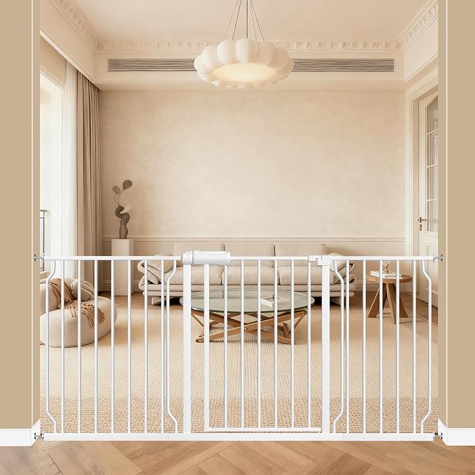 ALLAIBB Baby Gate Pressure Mounted Extra Wide Walk Through Child Kids Safety Toddler Tension White Long Large Pet Dog Gates with Extension for doorways Kitchen and Living Room (62.20-66.93"/158-170cm)