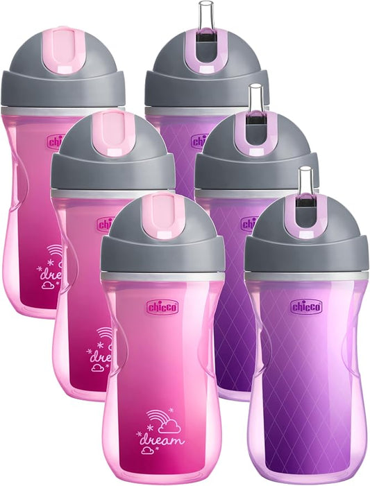 Chicco Insulated Straw Sippy Cup 12+ Months, 9oz Toddler Training Cup with Spill-Free Flip-Top Lid, BPA-Free, Dream Pink/Purple, 2 Count (Pack of 3)