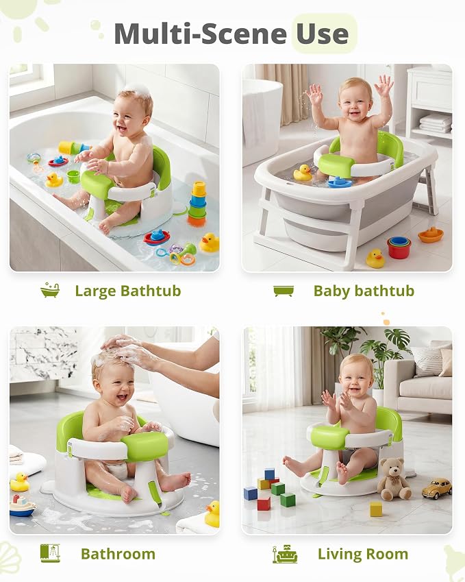 ONTHEWEI Baby Bath Seats for Babies Sitting Up, Non-Slip Baby Bathtub with 3 Suction Cups, Safe & Comfortable Toddler Bath Seat Ideal for Baby Bath/Shower Support, Stable Design, Ice Green