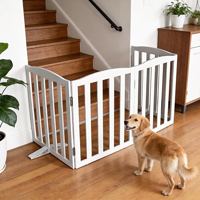 ZJSF Foldable Freestanding Indoor Dog Gate for House Wood White Long Pet Gates Dog Fence for Stairs Puppy Gates for Hallways,Pet Fence, Puppy Gate,Support Feet Included 32 "Height-2 Panels