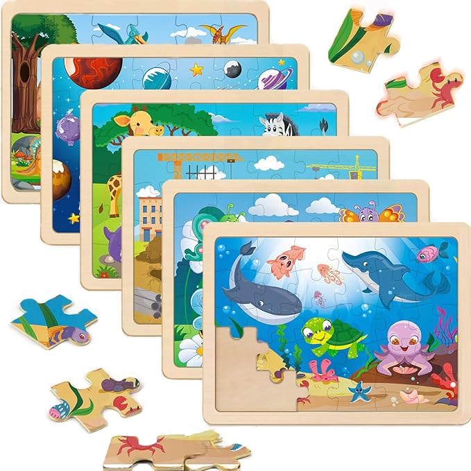 Wooden Puzzles for Kids Ages 4-6, 6 Packs 30 PCs Jigsaw Puzzles for Kids Ages 3-5 | 4-8, Wooden Puzzles for Toddler Children Learning Educational Puzzles Toys for Boys and Girls