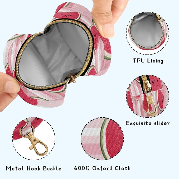 Pacifier Holder with Clip Pacifier Case for Diaper Bag Round Baby Pacifier Pouch Box Bag Portable Pink and White Striped Juicy Watermelon Slices