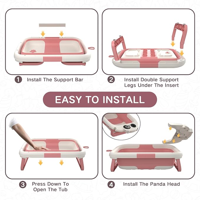 Foldable Baby Bathtub for Newborn to Toddler (0-24 Months), Portable Baby Bath Tub for Travel, Collapsible Baby Tub with Soft and Supportive Cushion (Panda-Pink)