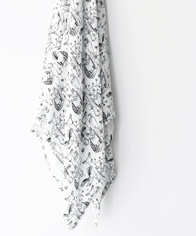Wee Gallery, Organic Muslin Swaddle - Forest - Woodland Animals Design, Black and White for Baby Visual Development, Quality Cotton Swaddling or Receiving Blanket