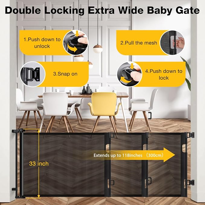 Birsppy AOLDHYY Retractable Baby Gates, 118 Inch Extra Wide Baby Gate for Large Openings, Mesh Baby Gate for Stairs, Hallways and Doorways, Extra Large Child Safety Gate for Colorful ping Pong Balls