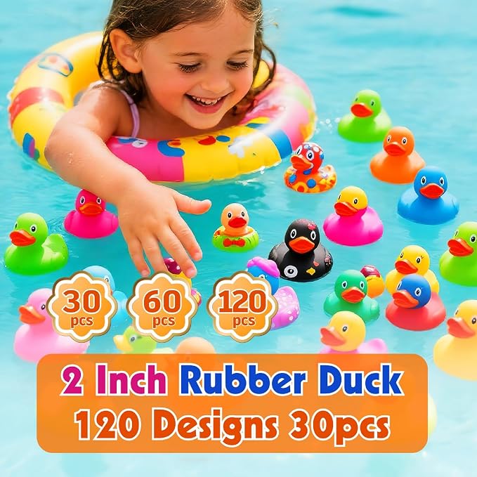 30 Pack Rubber Ducks in Bulk, Random Assortment Mini Rubber Duckies, Bulk Party Favors for Kids, Bath Toys for Toddler, Suitable for Cruise Ship & Jeeps Ducking