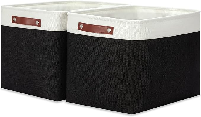 HNZIGE Decorative Organizer Baskets for Shelves 16"×11.8"×11.8" Large Storage Bins with Leather Handles (2 Pack) Foldable Storage Basket for Storage Bedroom, Balcony, Home, Laundry (Black&White)