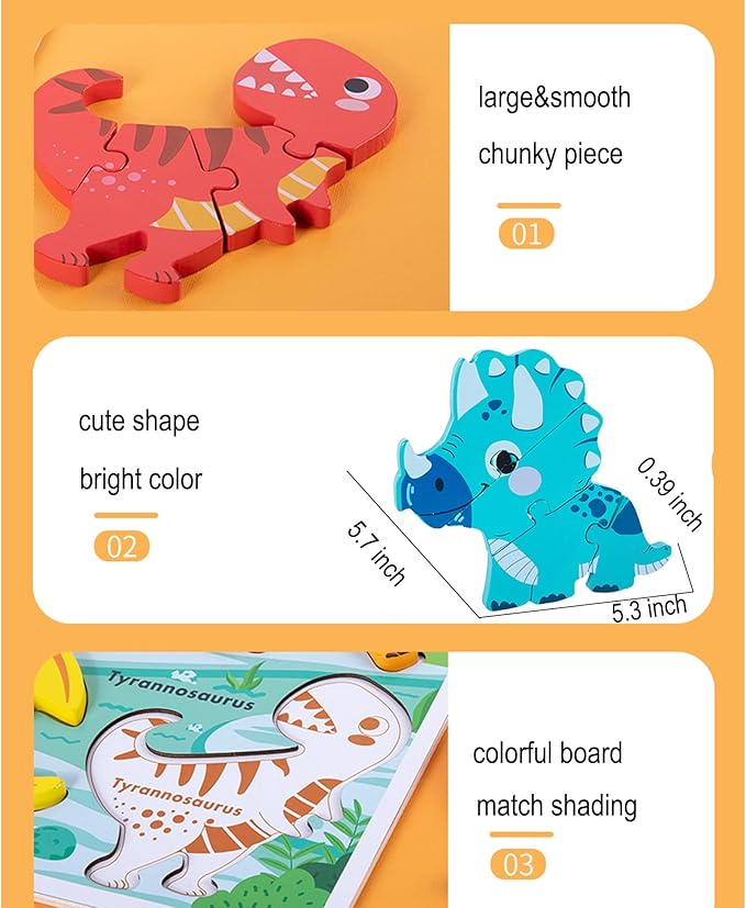 Wooden Educational Jumbo Base Jigsaw Puzzle 1-3 Montessori Dinosaur Toys for 2 3 Years Old Boy Girls Kids,Toddler Toys Ages 2-4,Preschool Wood Dino Learning Gifts for Boys