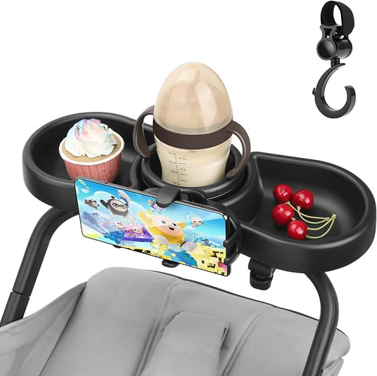 Universal Stroller Snack Tray, 4 in 1 Stroller Tray Attachment with Cups Phone Holder for Baby Toddler Stroller, 360° Rotation Universal Stroller Tray Compatible with Uppababy, Baby Jogger, etc