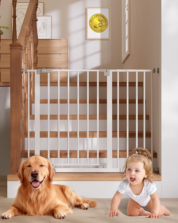InnoTruth 29.5??0.75" Baby Gate for Stairs, 30" Tall Dog Gates for Doorways & Hallways, Safety Gate for Kids & Pets, Pressure-Mounted Walk-Through with Dual Lock & 2-Way Swing, White