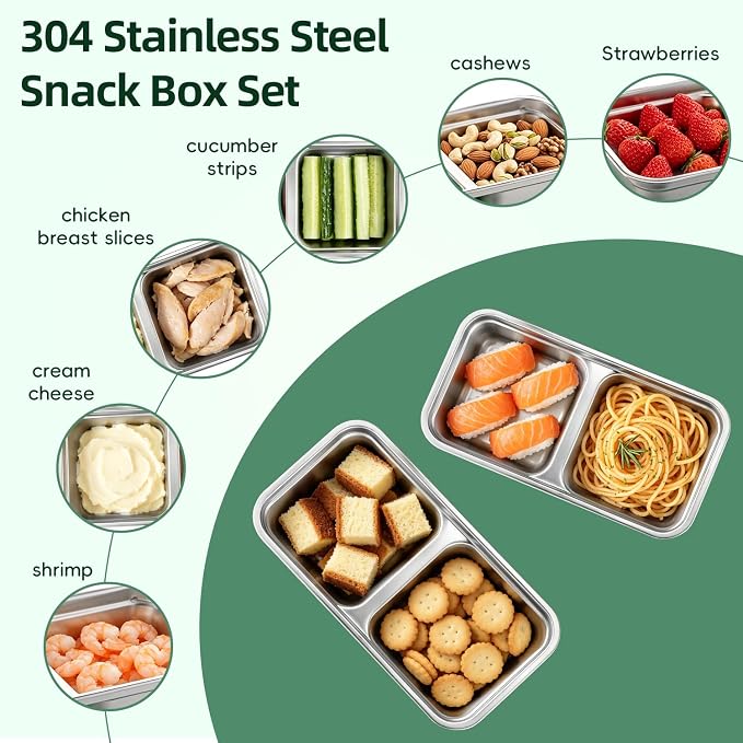 Tanjiae 10 oz Stainless Steel Snack Box for Kids & Toddlers, Multi-Compartment Small Leak Proof Food Containers with Silicone Lids - Reusable Metal Bento Box for Daycare, School, Travel, Camping