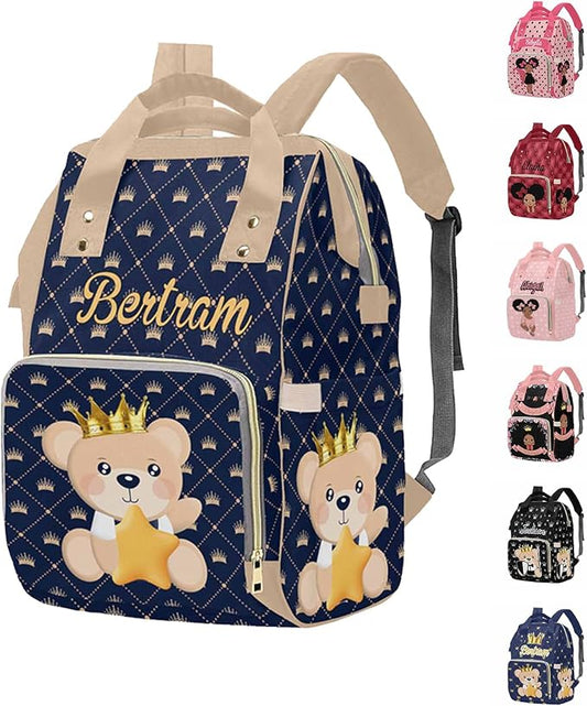 M YESCUSTOM Customized Prince Bear Diaper Bag for Boys Girls Baby, Personalized Blue Crown Cute Mommy Daypack with Name, Nylon Waterproof Backpack for Travel, Lovely Custom Gift for Women