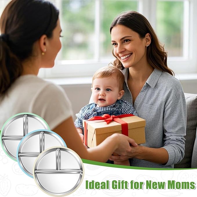 BUSOHA 3 Pack Stainless Steel Kids Plate with Suction - 8.1??Divided Toddler Baby Plates with Silicone Sleeves Non-Slip 2-in-1 Anti Breakage Metal Toddler Bowls Microwave Dishwasher Safe