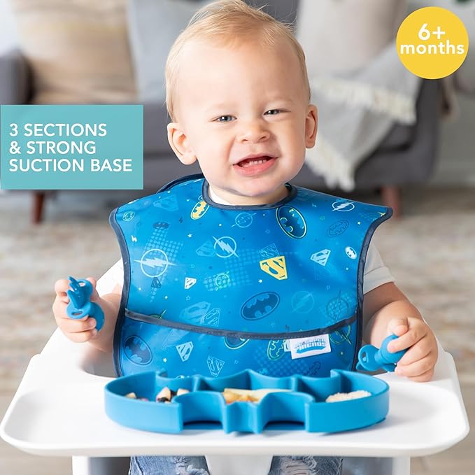 Bumkins Toddler and Baby Suction Plate, Silicone Grip Dish, Babies and Kids, Baby Led Weaning, Children Feeding Supplies, Non Skid Sticky Bottom, Platinum Silicone, Ages 6 Months Up, Batman Blue