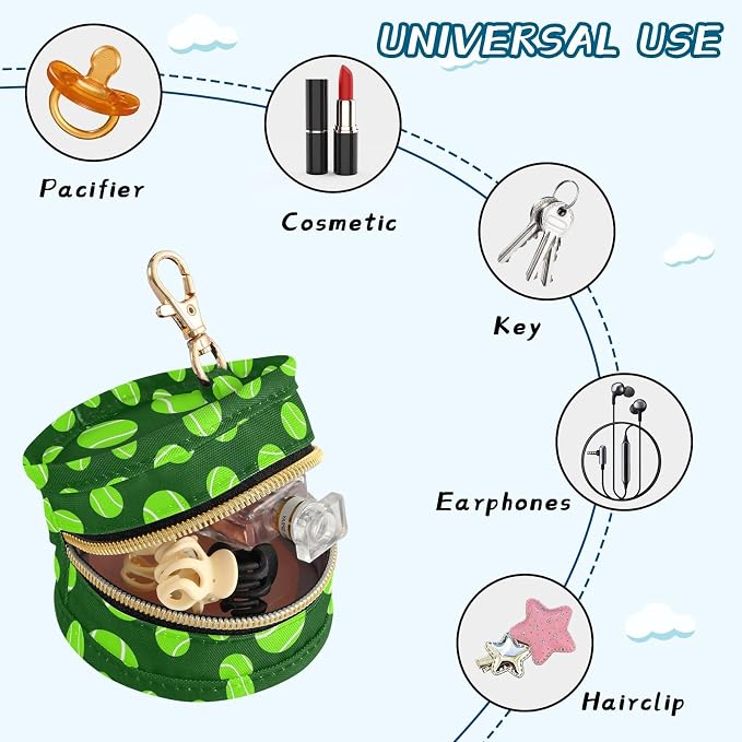 Green Tennis Ball Print Pacifier Holder Case for Diaper Bag Portable Travel Pacifier Storage Case with Clip Newborn Baby Pouch for Baby Boys Girls Outdoor Purse