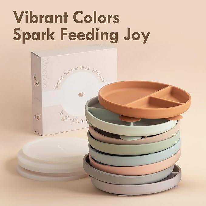 Moonkie Suction Plates for Baby | 100% Silicone BPA-Free Baby Plates with Lids and Food Cover | Divided Design | Microwave and Dishwasher Safe | Toddler Plates 3 Pack