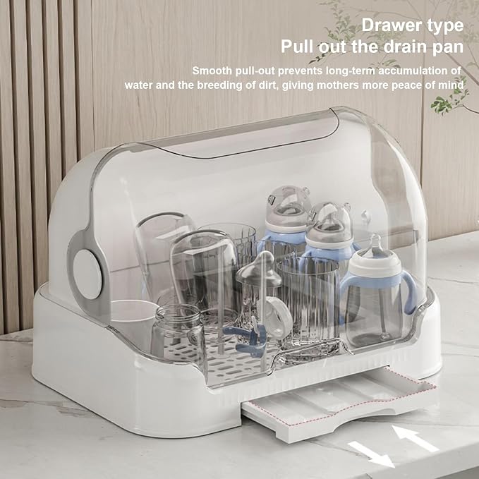 Baby Bottle Drying Rack with, Space Saving Storage Box with Lid and Removable Drain Tray, Large Baby Bottle Storage, Bottle Rack Dryer Reusable Bottle Holder for Baby, White