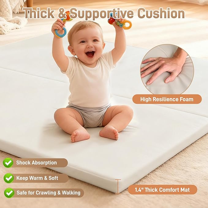 Ultra Soft Baby Play Mat for Floor 1.4" Thick Memory Foam 59x59 Playpen Mat for Toddlers Infant Kids with Non-Slip Backing Safe for Crawling, Water-Repellent Leather for Tummy Time, Tatami Style(Grey)