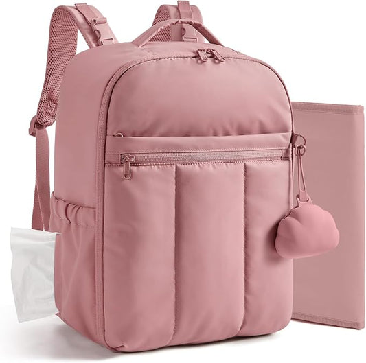 BAGSMART Baby Diaper Bag Backpack, Lightweight Puffy Diaper Bag with Insulated Pockets& Pacifier Case, Travel Stroller Straps with Waterproof Changing Pad, Dark Pink