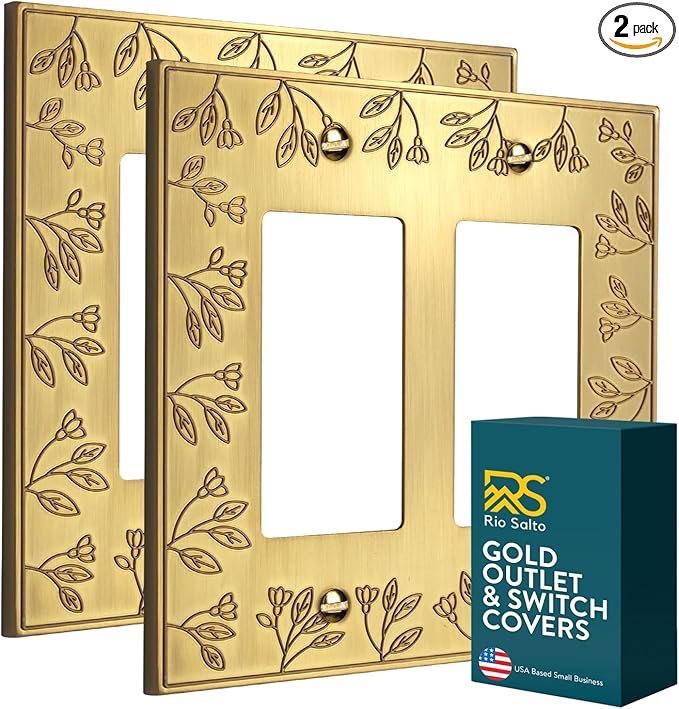 Rio Salto Floral Collection Brushed Brass Gold Double Rocker Light Switch Cover ??2-Gang Midsize - 2 Pack Metal Wall Plate 5" x 5" Heavy-Gauge Luxury Decorative Switch Plate