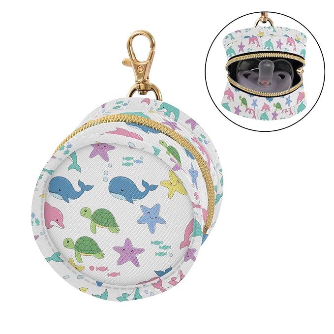 Underwater Dolphins Turtles White Print Pacifier Holder Case with Metal Clip Portable Pacifier Storage Container Box for Travel