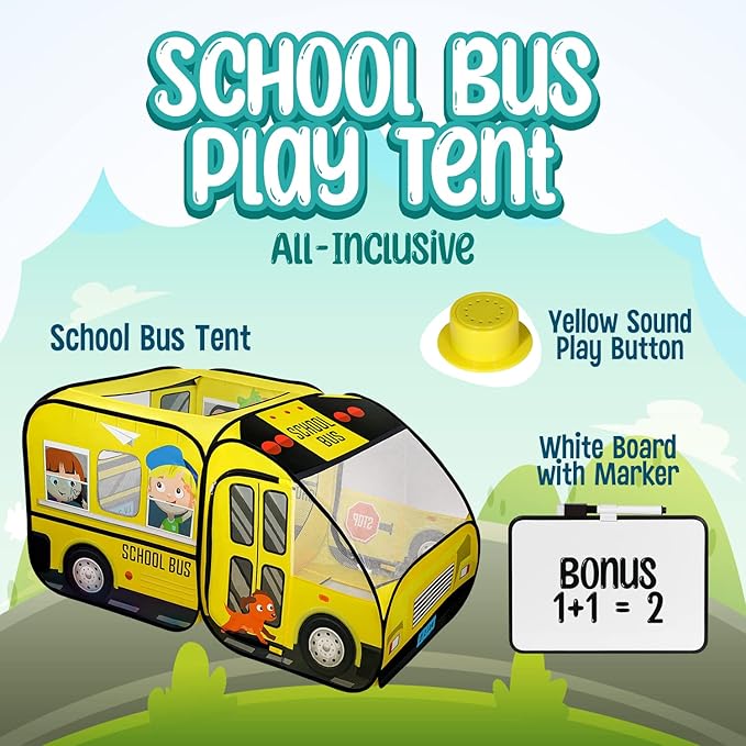 School Bus Pop-Up Kids Tent with Sound Play Button, Ball Pit for Toddler & Up - Easy Setup Tent for Indoor & Outdoor, Daycare Playground Activities & Pretend Play, Great for Kids