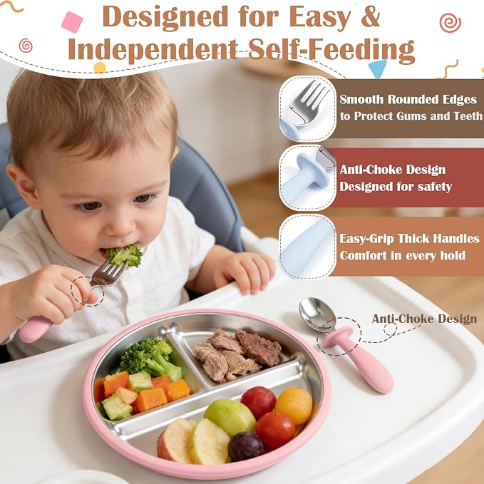 Personalized Toddler Utensils Set with Silicone Handle, Easy-Grip,Gentle On Teeth,Custom Name Stainless Steel Kids Silverware for Baby Led Weaning,Ideal for Showers & Birthdays (Pink Beige Purple)