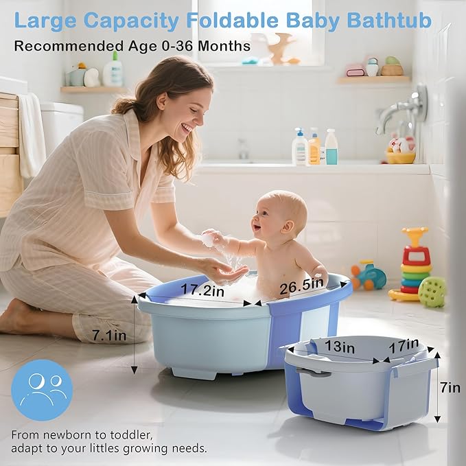 Collapsible Baby Bathtub - Large Baby Bath Tub with Thermometer & Cushion | Travel Portable Newborn Infant Bathtub | Foldable Toddler Bathtub for Baby 0 to 36 Months (Blue)