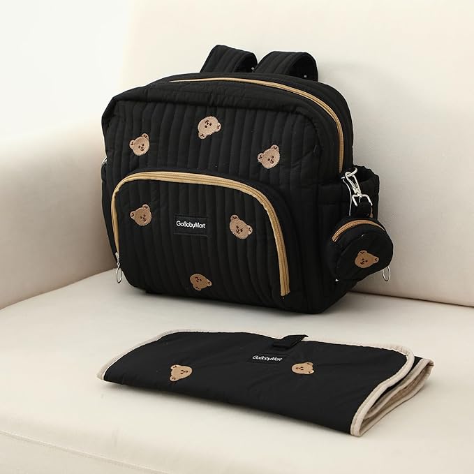 GOBABYMART Diaper Bag Backpack, Medium Maternity baby bag & Changing Pad, Insulated Pockets, Stroller Straps & Pacifier Case (Medium - Black Bears)