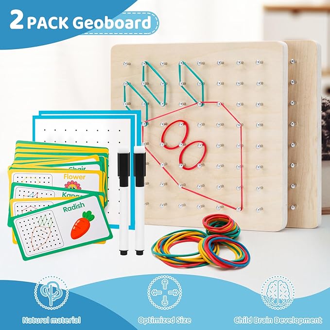 2Pack Wooden geoboards with Rubber Bands Montessori Toys, Mathematical Education Toy for Kids with Pattern Cards and geo Boards to Figures and Shapes, Brain Teaser STEM Toys for Classroom.