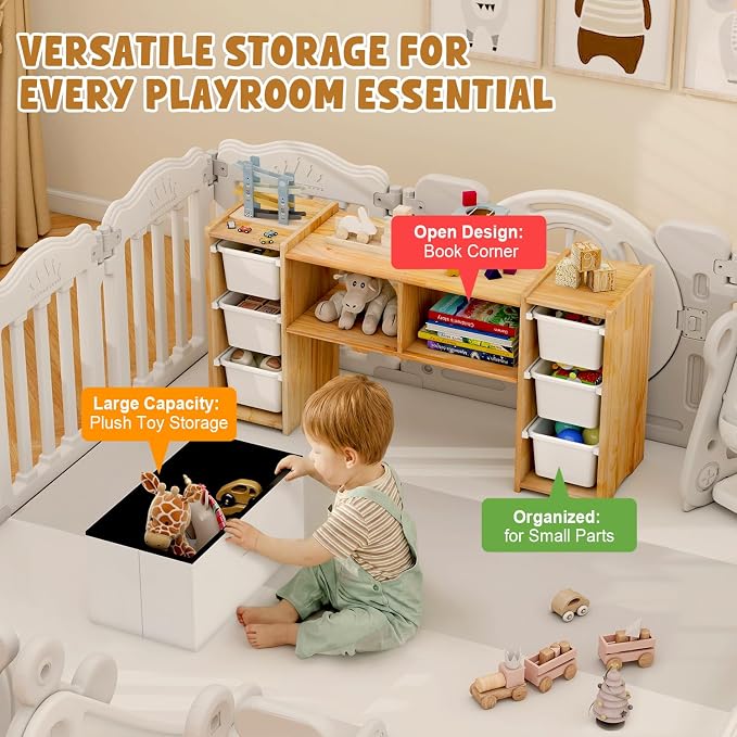 MallBest Montessori Shelf for Kids - 100% Solid Pine Wood with 6 Removable Plastic Bins, Toy Storage Organizer Cabinet for Playroom, Bedroom & Nursery (Natural)