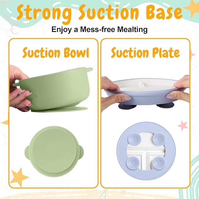 Teenyyou 9 Pcs Porcelain Kids Plates and Bowls Feeding Set with Suction, Ceramic Baby Toddler Divided Plates Silicone Sleeve Bowls Forks Spoons Cup Bib Microwave Dishwasher Safe(Sweets)