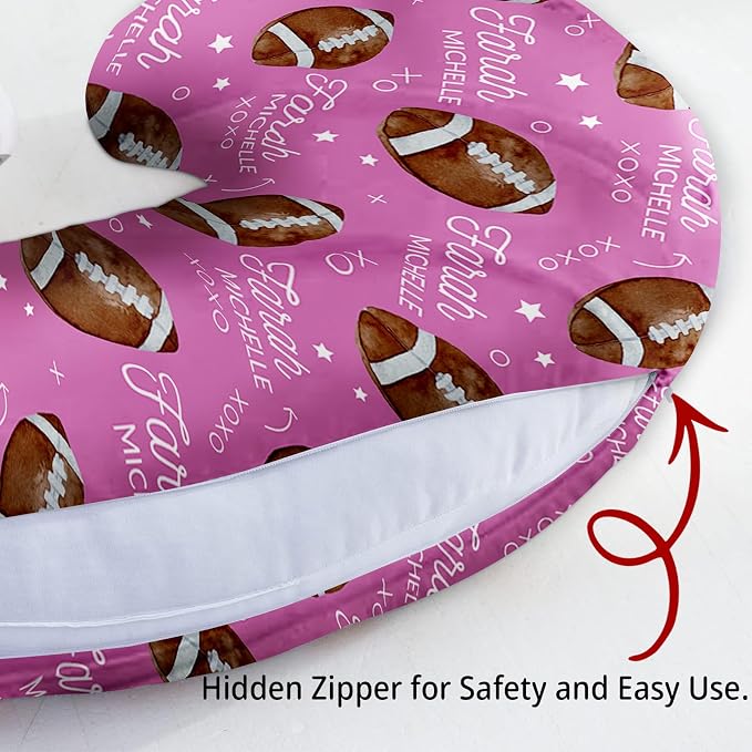 Baby Nursing Pillow Cover - Personalized Name Pink Football Breastfeeding U-Shaped for Bottle Feeding, Ultra Soft Comfortable Breastfeeding Pillow Cover for Infant Baby Boys and Girls