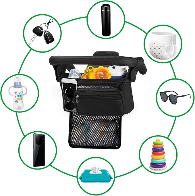 Universal Baby Stroller Organizer，with Heightened Insulated Cup Holder,Detachable Phone Bag,Shoulder Strap and Mesh Bag，Fits Most Strollers.