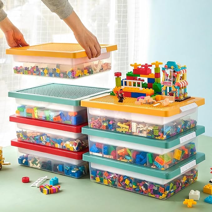 Toys Storage Organizer Box for Lego, Toy Storage Box with Building Plate Lid and Removable Tray, Building Block Storage, Stackable Plastic Organizer Bins(Red)