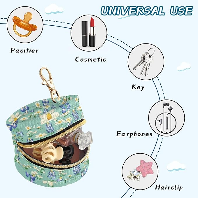 Pacifier Holder with Clip Pacifier Case for Diaper Bag Round Baby Pacifier Pouch Box Bag Portable Cute Green Bluebonnet and Daisies