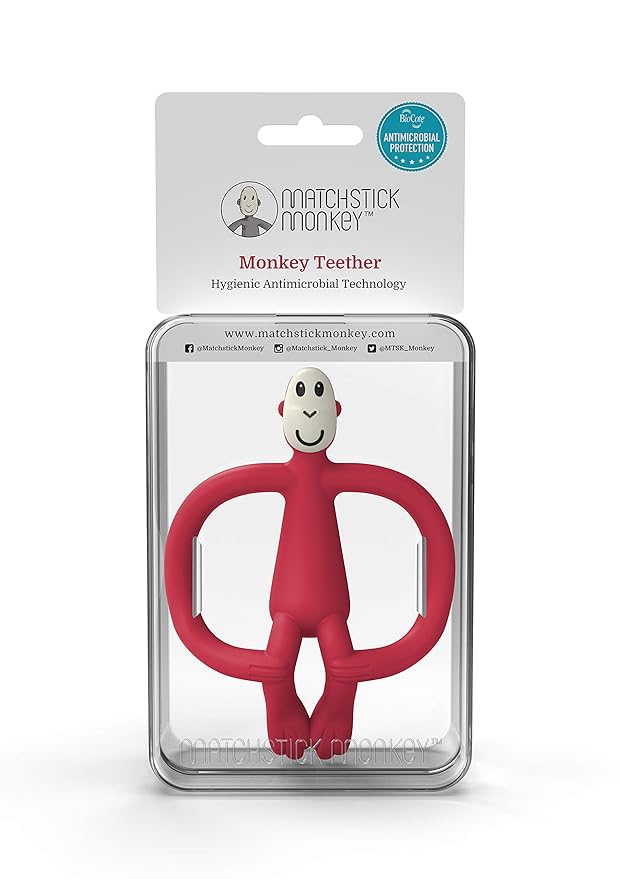Matchstick Monkey Silicone Teether & Gel Applicator ??Silicone Baby Teether, Easy-to-Grip, BPA-Free, Supports Self-Soothing & Early Brushing, 3 Months+, 4 Inches, Rubine Red