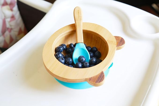 Suction Bowls for Baby- Bamboo set- LED Weaning Spoons- BPA Free - Toddler bowl and spoon set- Pink