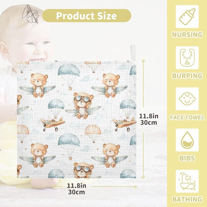 vvfelixl Baby Muslin Washcloths Cute Bear Pilot Baby Burp Cloths Cotton Babys Face Towel for Newborn Infants Boys Girls Soft and Absorbent 11.8 X 11.8 in, 3 Pack