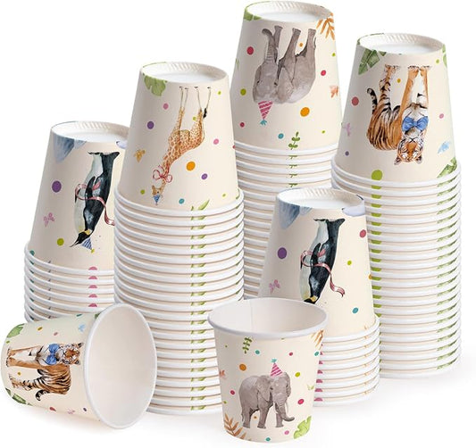 WRAPAHOLIC 3oz Paper Cups - 100 Pack Disposable Bathroom Cups with Birthday Giraffe, Penguin, Tiger and Elephant Design, Small Mouthwash Cup for Toothbrush Rinse, Home and Animal Birthday Party
