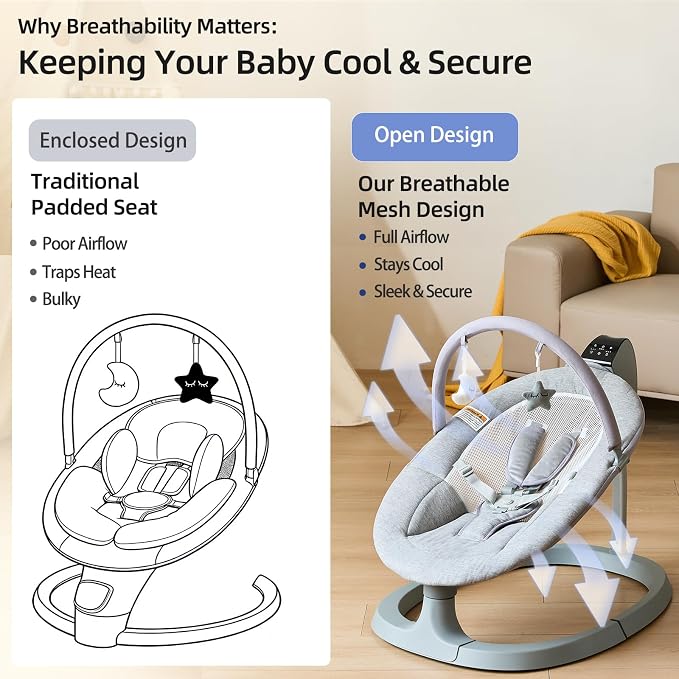 VaVaSoo 2-in-1 Electric Baby Swing, Dual-Arm Support Tollder Chair up to 66 lbs for Enhanced Stability, 3 Swing Motions & 8 Soothing Sounds, 2 Adjustable Height, Light Grey