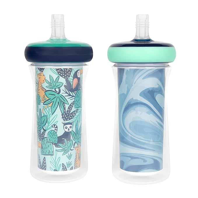 The First Years Insulated Straw Cup for Toddlers 2pk ??Wild and Free & Marbled ??Dark Blue, 9 ounces