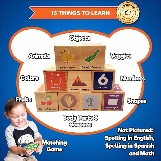 Alphabet Blocks Toys for Toddlers - Bilingual Educational Toys, Spanish Learning Toys, Stacking Toys with 30 Wooden Blocks and Toddler Learning Activities eBook