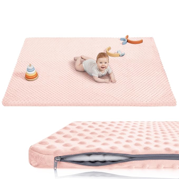 Huloo Sleep Baby Floor Play Mat for Playpen, Extra Thick 65x50 Inches Padded Mat with Ultra Soft 3D Minky Dot & Removable Washable Cover, Non-Slip & Safe for Crawling,Tummy Time,Infant/Toddler (Pink)