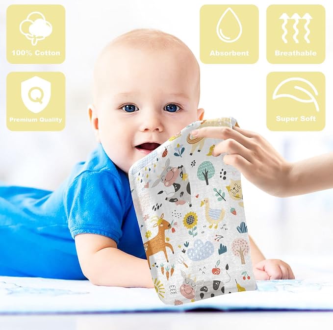 Cute Farm Animals Baby Muslin Washcloths - Soft Face Towel for Newborns, 11.8 X 11.8 Inch, 3 Pack