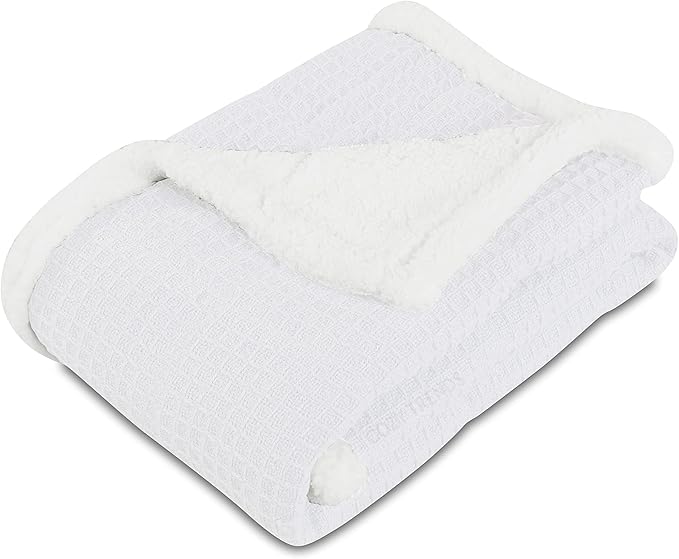 Luxurious Cotton Unisex Baby Boy Girl Blanket Waffle Weave with Sherpa Backing Soft Cozy 30''x40'' Receiving Crib Stroller Nap Blanket (White)