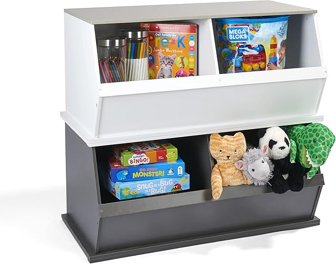 Badger Basket Two Bin Stackable Toy Storage Cubby Organizer for Kids, Playroom, Bedroom, or Nursery ??Wooden Toy Chest and Book Storage Unit ??Charcoal/Gray Woodgrain